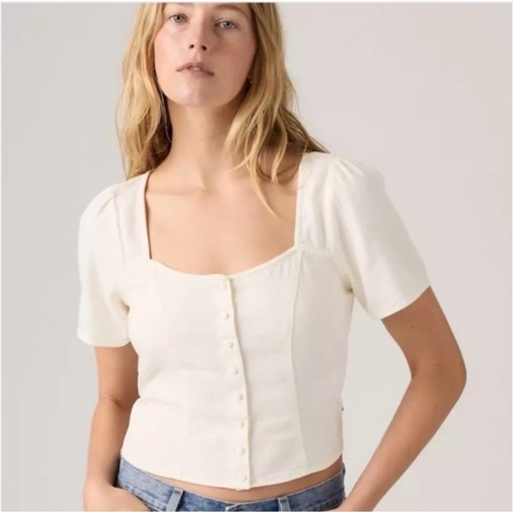 NWT Levi's Pascale Babydoll Top Women L White Denim Button Front Corset Crop